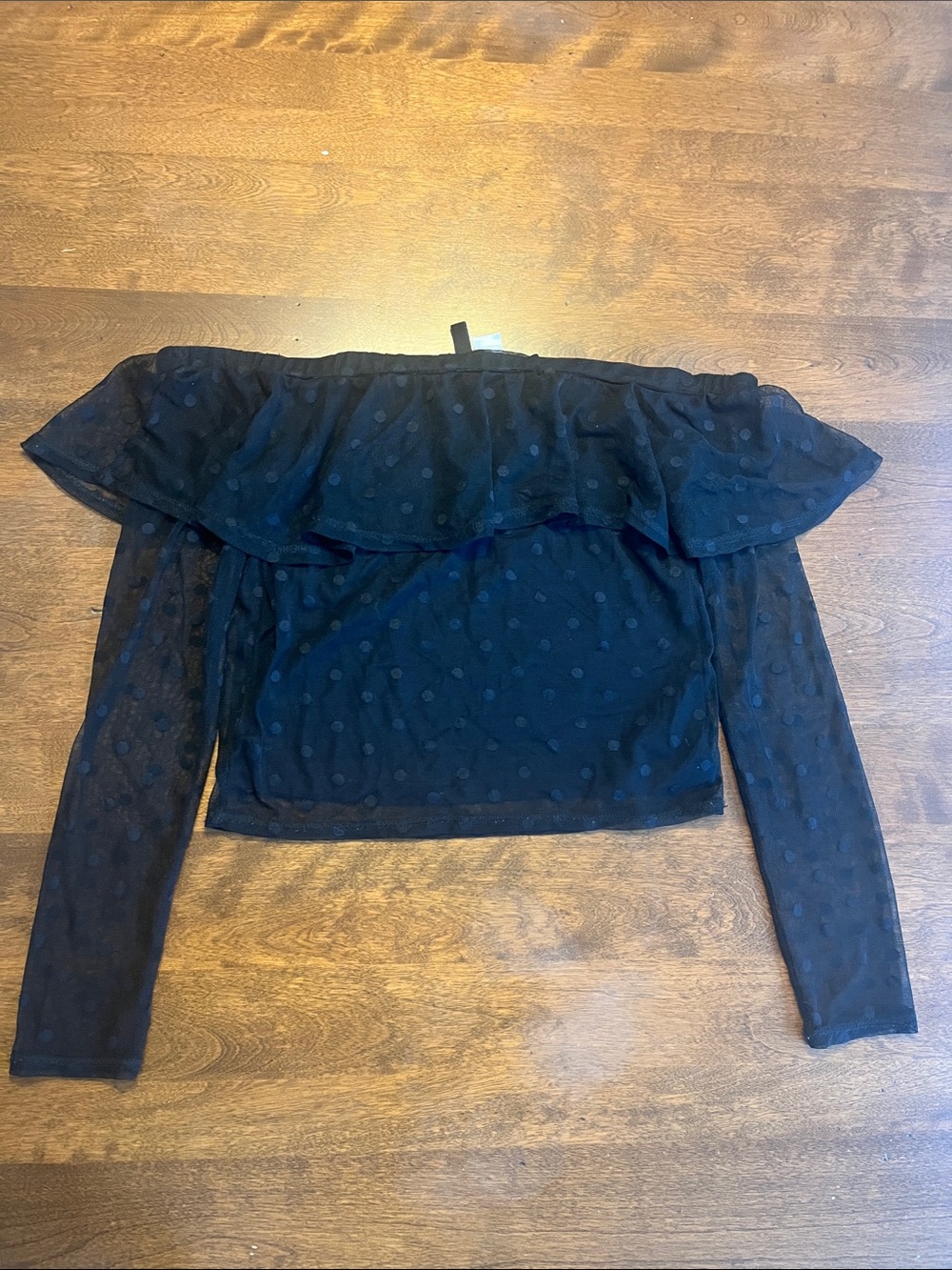 Off-Shoulder Black Dot Mesh Long-Sleeve Top Divided